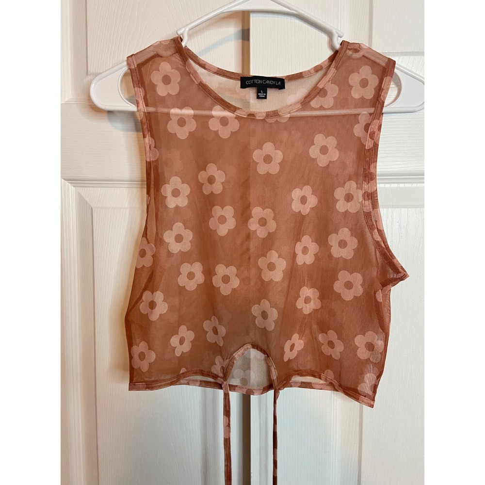 Cotton Candy LA Brown Daisy Mesh Crop Top Sleeveless Wrap Tie Waist Large